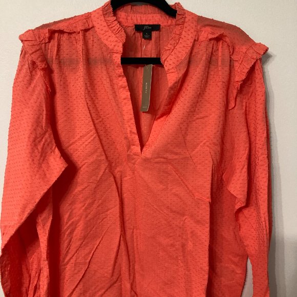 J CREW Ruffle Trim V-Neck Popover in Clip Dot Size Large NEW NWT Coral  Fall - Picture 3 of 9